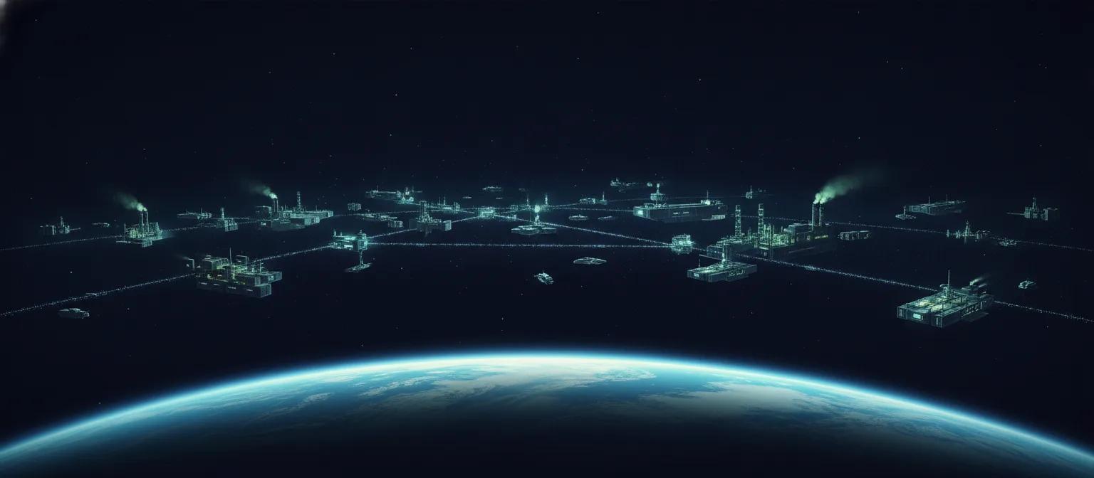 Space Tycoon — the inner system region banner: Earth launch pads and low-orbit stations