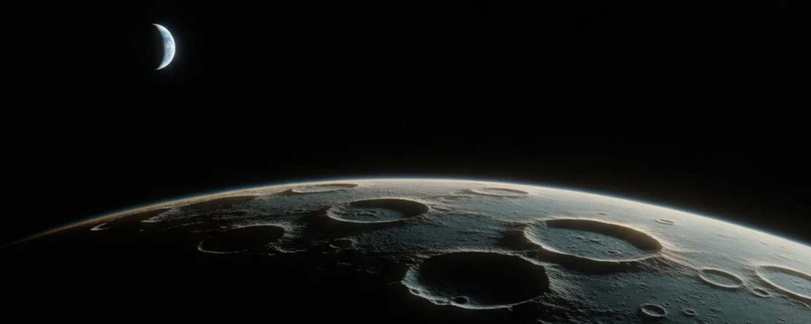 Illustration: the cratered lunar south polar region at low sun, with a crescent Earth above the horizon