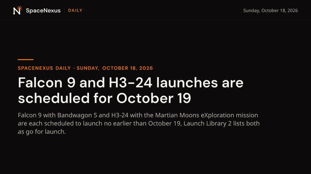SpaceNexus Daily: Falcon 9 and H3-24 launches are scheduled for…